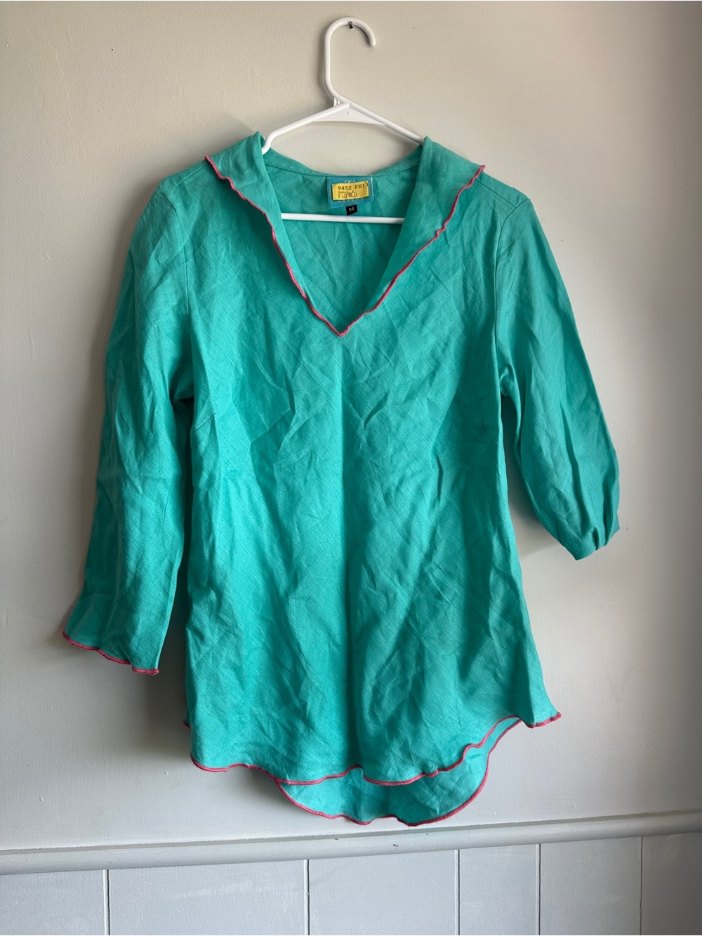 Masand Turquoise Linen Tunic Pink Scallop Trim Blouse M